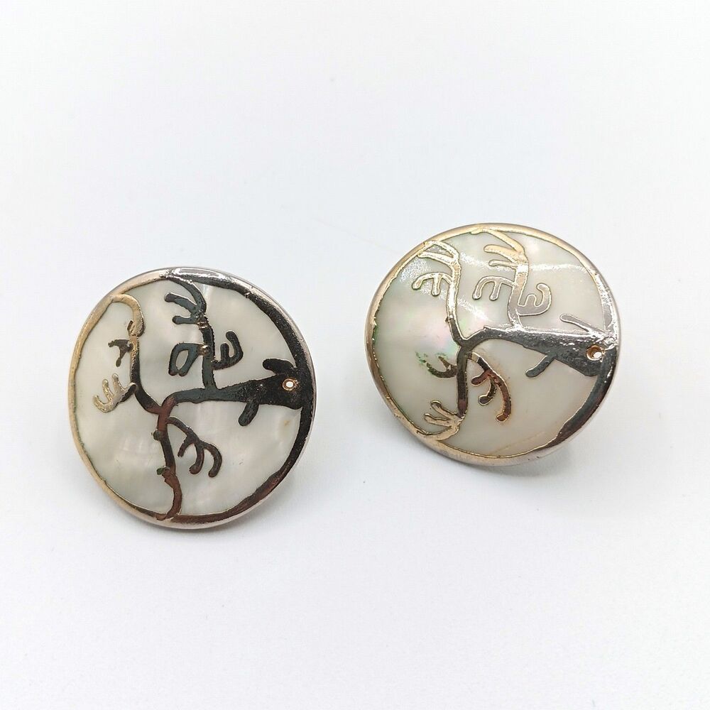 Gold Tone Tree Of Life Mother Of Pearl Earrings Vtg Curved Elegant Omega Clip